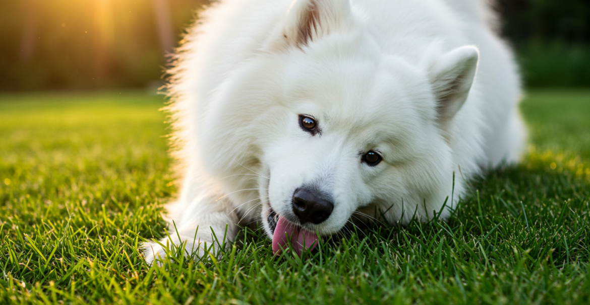 dog eating grass,