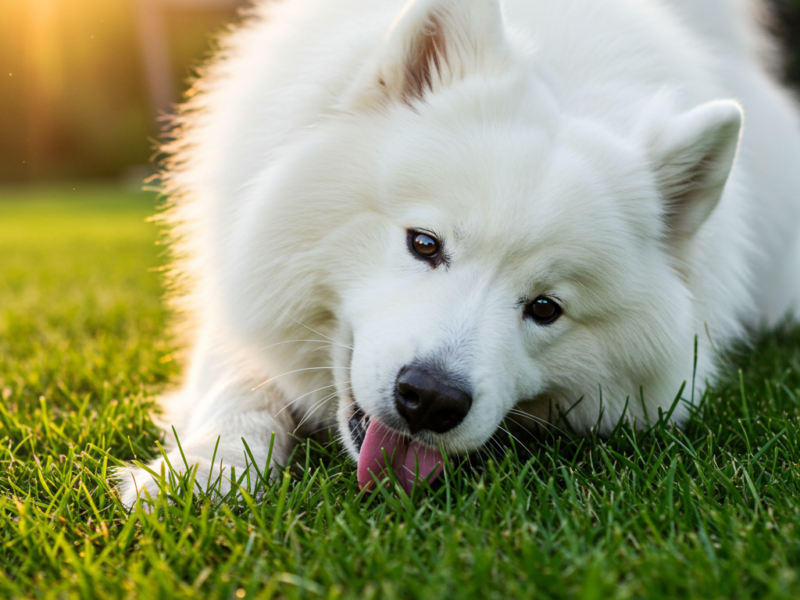 dog eating grass,