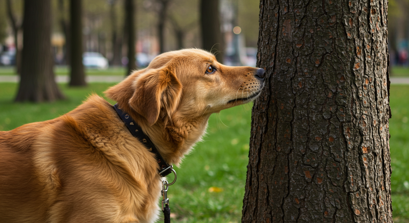 dog sniffing tree